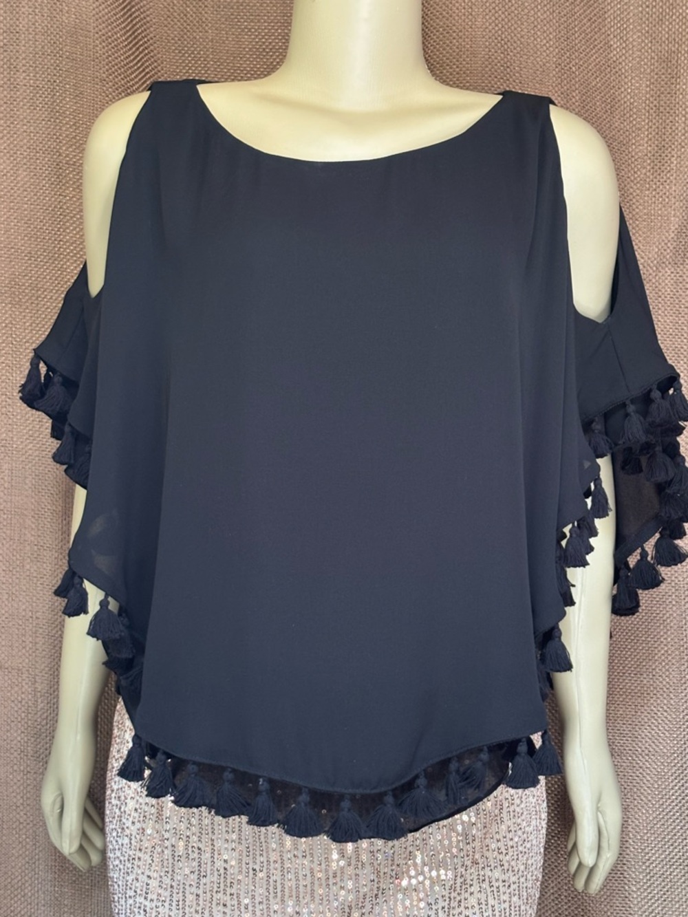 Gianni Bini Black Cold-Shoulder Tassel-Trim Blouse